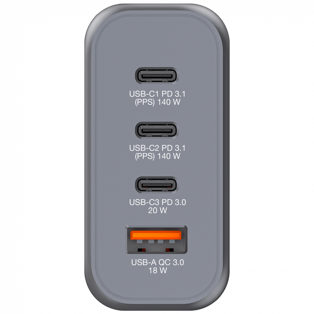 Ładowarka ścienna GaN o mocy 140 W z 4 portami 2 x USB-C® PD 140 W / 1 x USB-C® PD 20 W / 1 x USB-A QC 3.0 (EU/UK/US)
