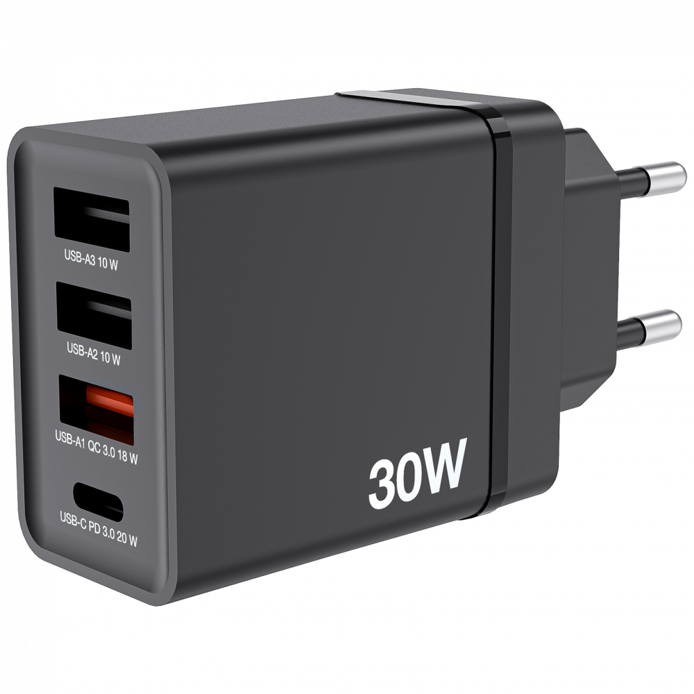 Ładowarka ścienna 30 W z 4 portami USB – czarna 1 x USB-C® PD 20 W / 1 x USB-A QC 3.0 / 2 x USB-A 10 W (UE)