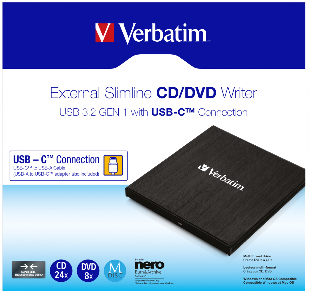 External Slimline CD/DVD Writer with USB-C Connection
