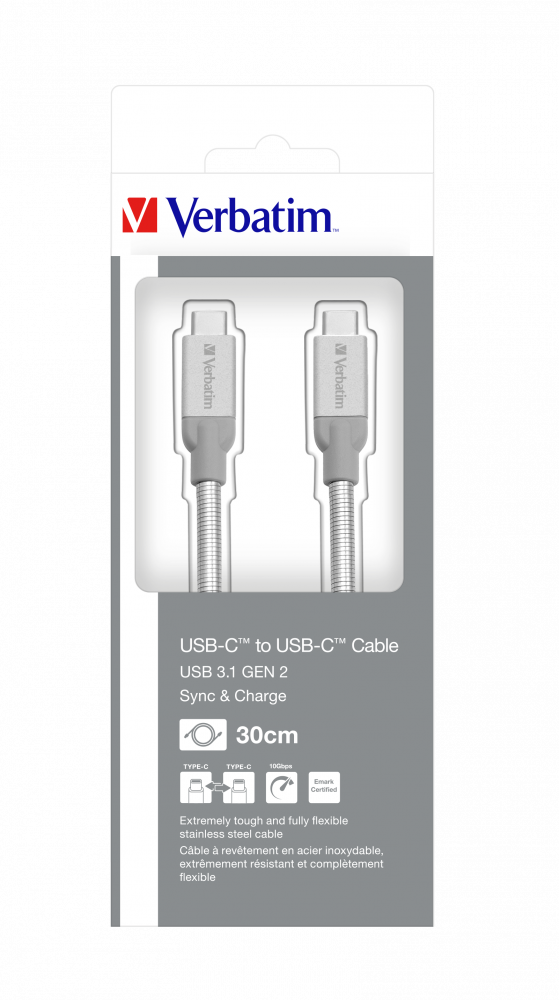 Przewód USB 3.1 GEN 2 (USB-C/USB-C) ze stali nierdzewnej do synchronizacji i ładowania firmy Verbatim, długość 30 cm